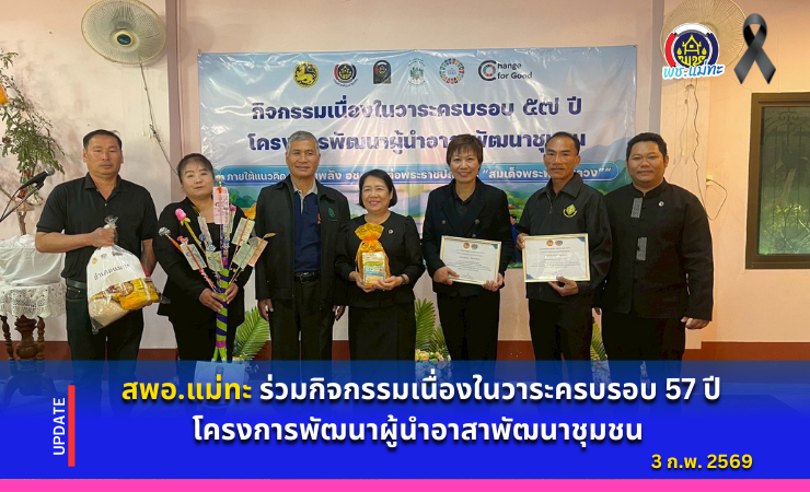 สพอ.แม่ทะ :ร่วมกิจกรรมเนื่องในวาระครบรอบ 57 ปี โครงการพัฒนาผู้นำอาสาพัฒนาชุมชน “รวมพลัง อช. สานต่อพระราชปณิธาน “สมเด็จพระพันปีหลวง””