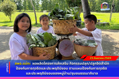 สพอ.แม่ทะ : ผลผลิตโครงการส่งเสริม กิจกรรมปลุก/ปลูกจิตสำนึก ป้องกันการทุจริตและประพฤติมิชอบ ตามแผนป้องกันการทุจริต และประพฤติมิชอบของหมู่บ้าน/ชุมชนธรรมาภิบาล